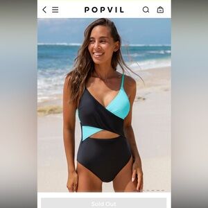 POPVIL Beach Pool Glam Resort Black & Aqua  Wrap One-Piece Swimsuit XL